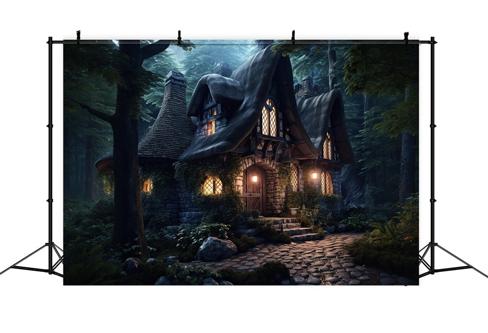 Spooky Forest Stone House Halloween Backdrop RR7-508