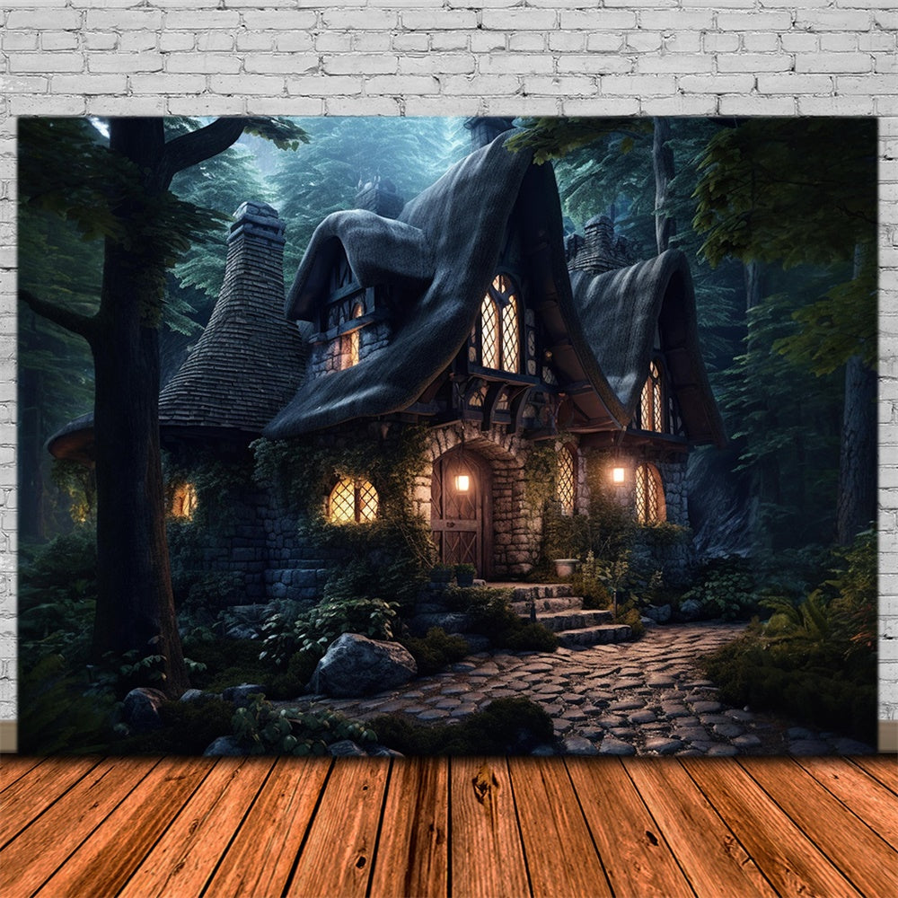 Spooky Forest Stone House Halloween Backdrop RR7-508