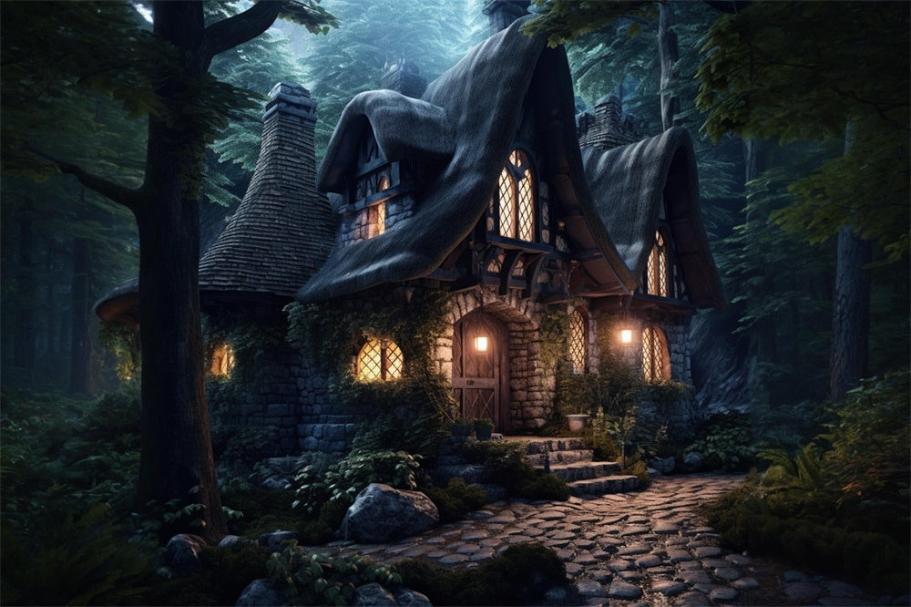 Spooky Forest Stone House Halloween Backdrop RR7-508