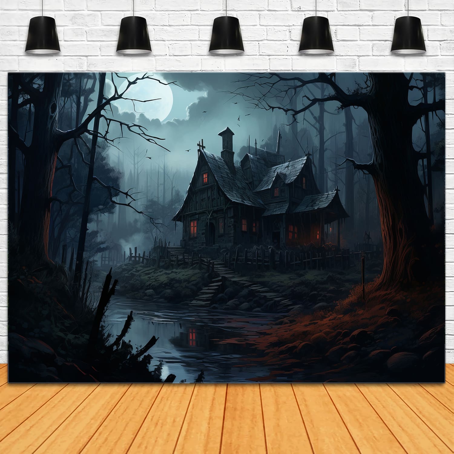 Spooky House Halloween Moon Night Backdrop RR7-51