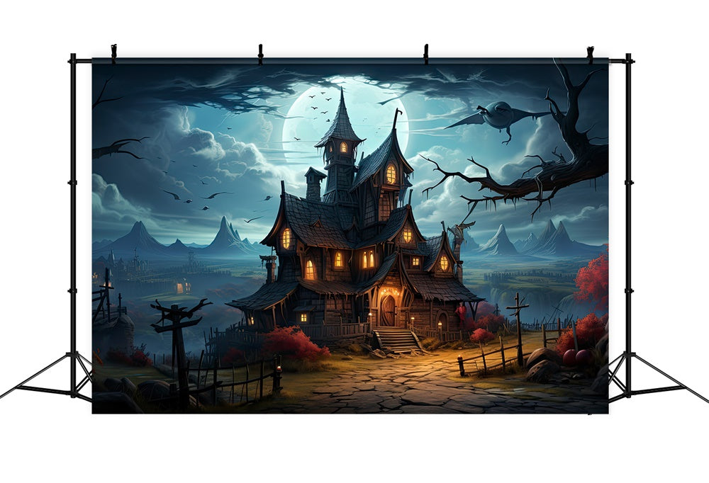 Full Moon Night Halloween Haunted House Backdrop RR7-510