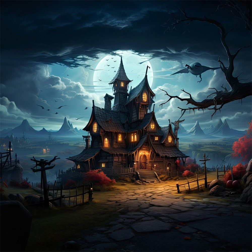 Full Moon Night Halloween Haunted House Backdrop RR7-510