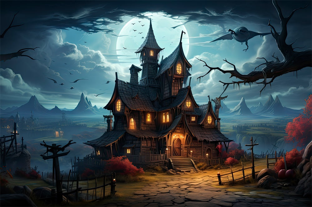 Full Moon Night Halloween Haunted House Backdrop RR7-510