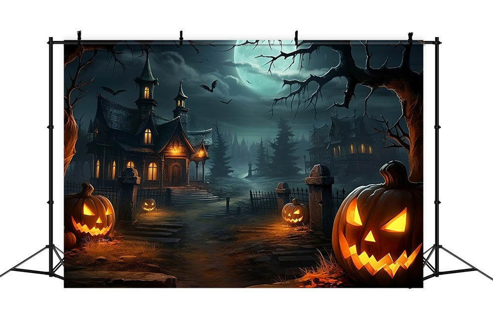 Halloween Spooky House Forest Pumpkin Backdrop RR7-512