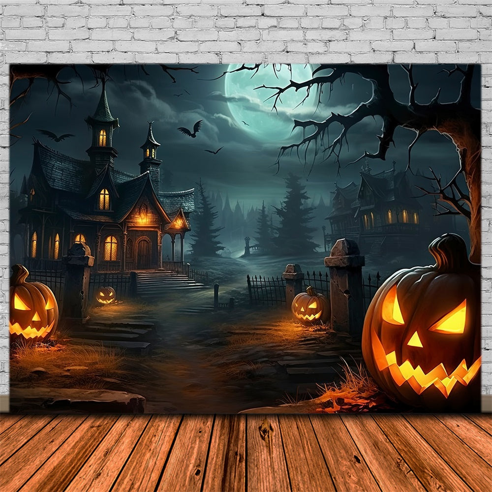 Halloween Spooky House Forest Pumpkin Backdrop RR7-512