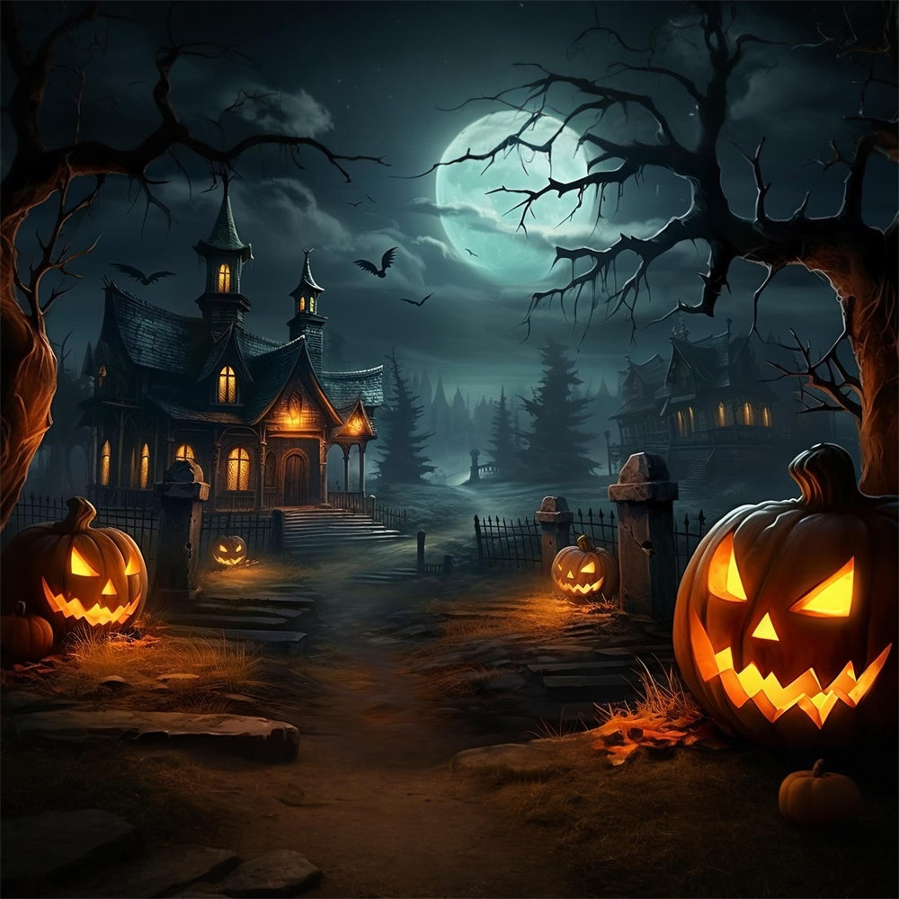 Halloween Spooky House Forest Pumpkin Backdrop RR7-512