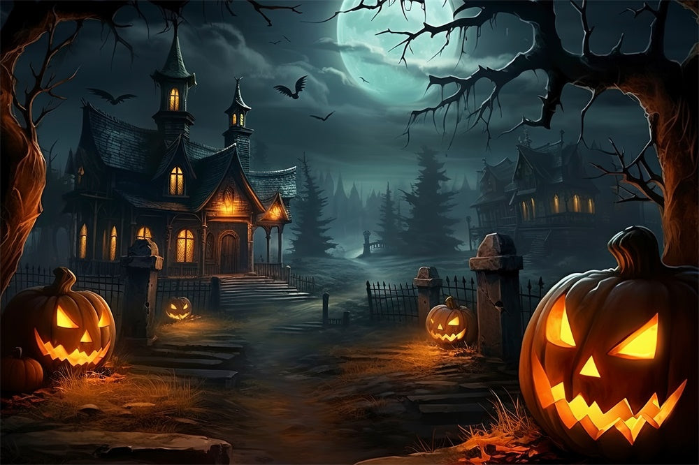 Halloween Spooky House Forest Pumpkin Backdrop RR7-512