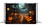 Halloween Scary Night Town Pumpkin Backdrop RR7-513