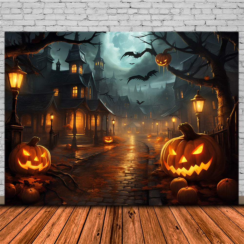 Halloween Scary Night Town Pumpkin Backdrop RR7-513