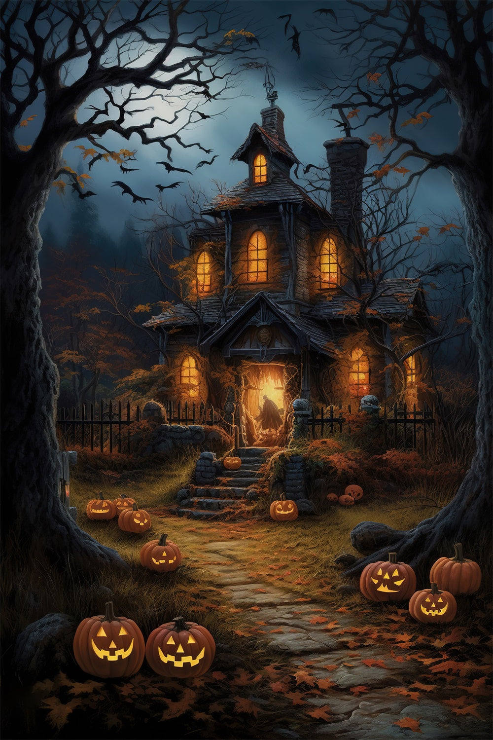 Halloween Night Woods Spooky House Backdrop RR7-517