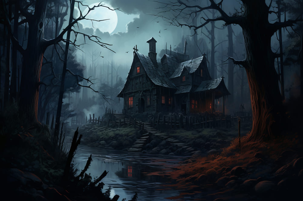 Spooky House Halloween Moon Night Backdrop RR7-51