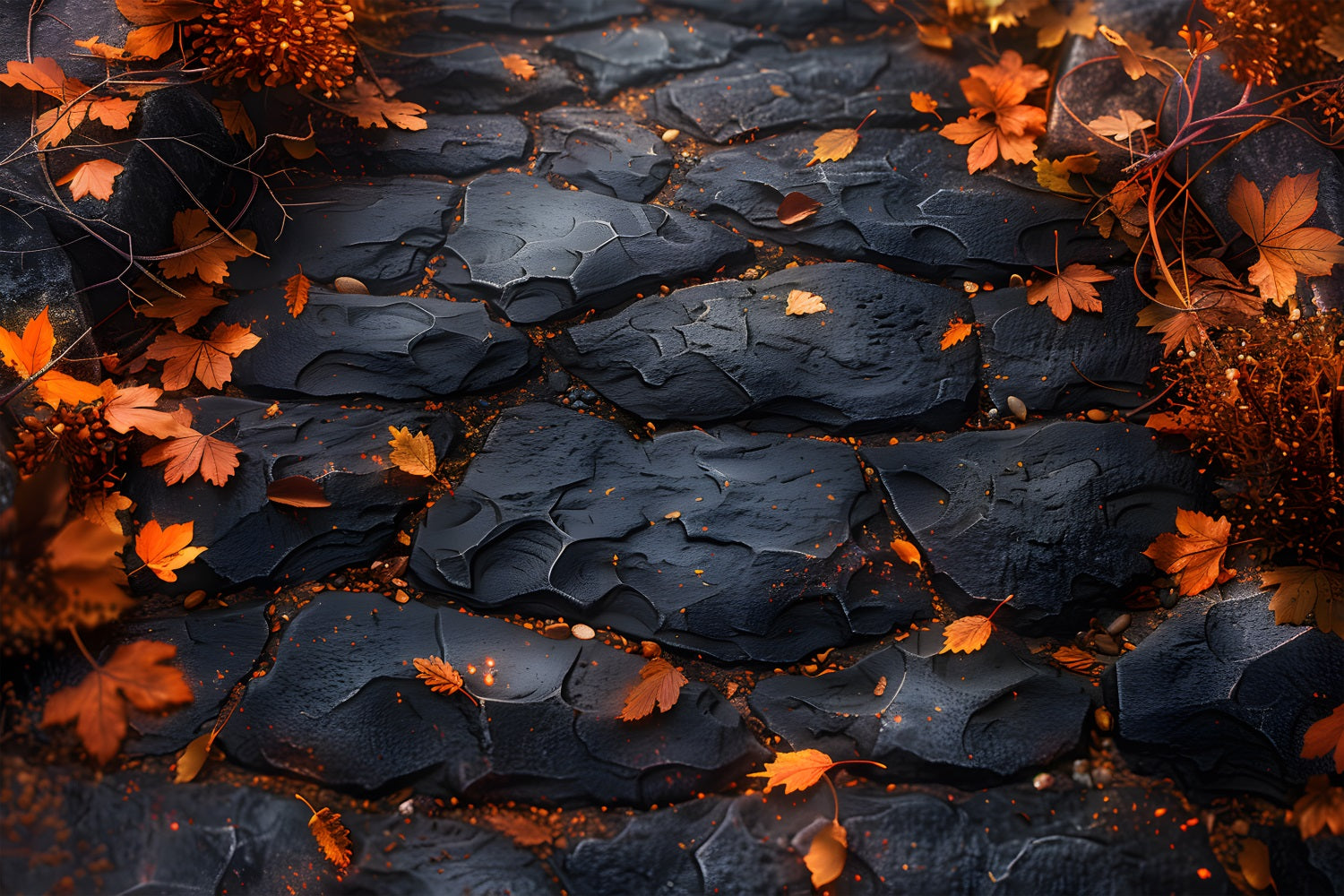 Black Slate Path Maple Leaves Floor Backdrop RR7-534