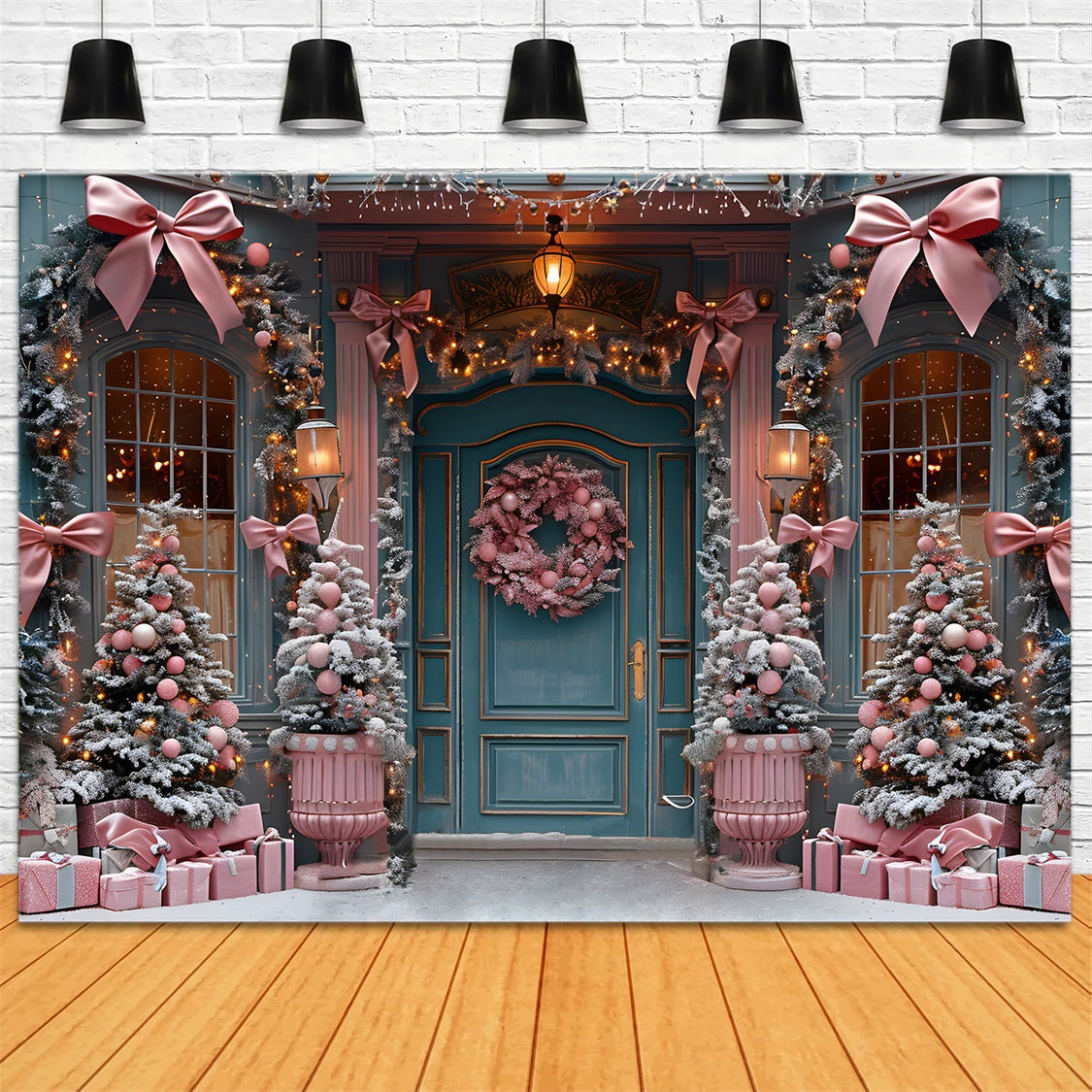 Christmas Elegant Pink Bow Door Decor Backdrop RR7-566