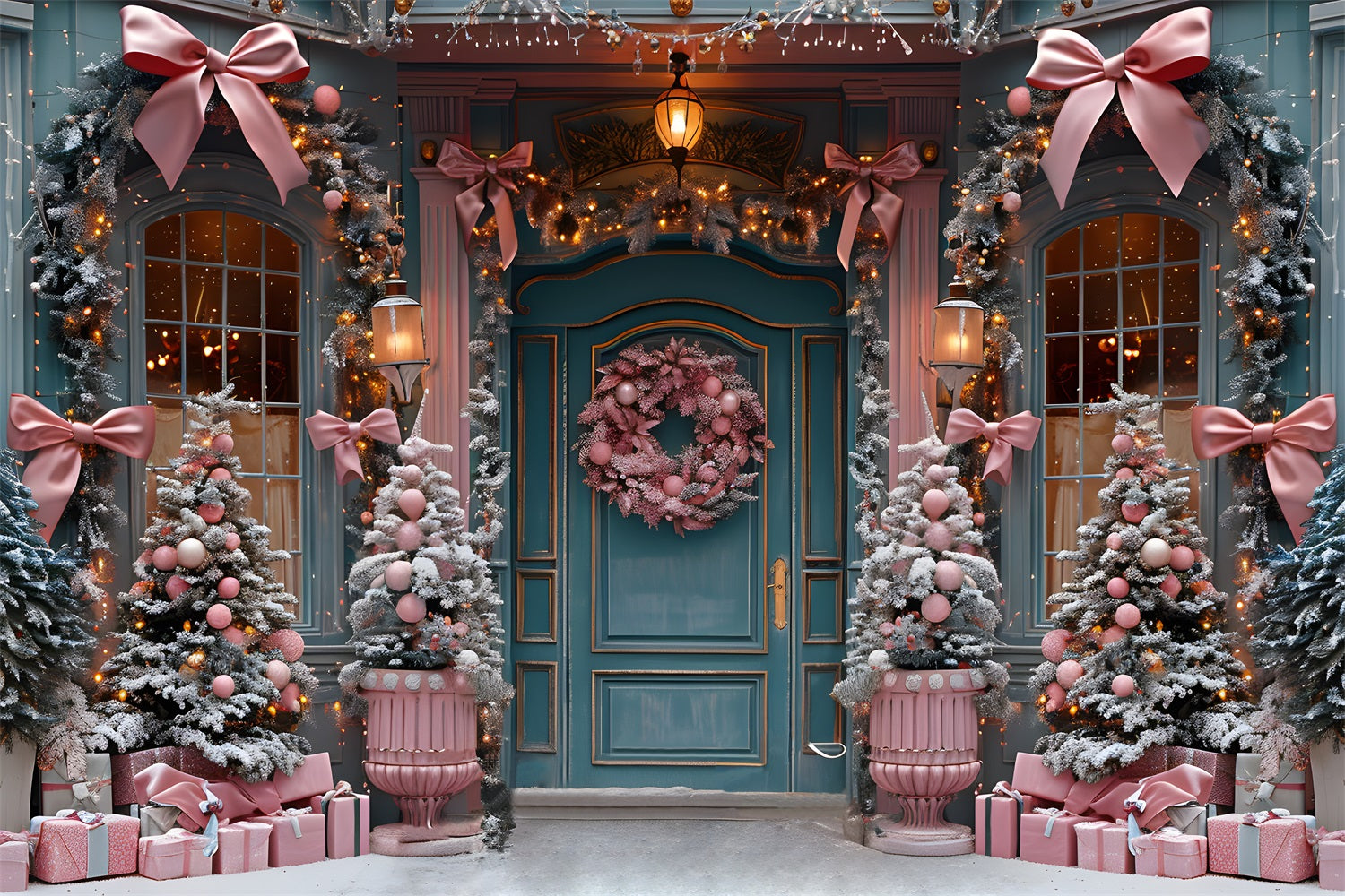 Christmas Elegant Pink Bow Door Decor Backdrop RR7-566