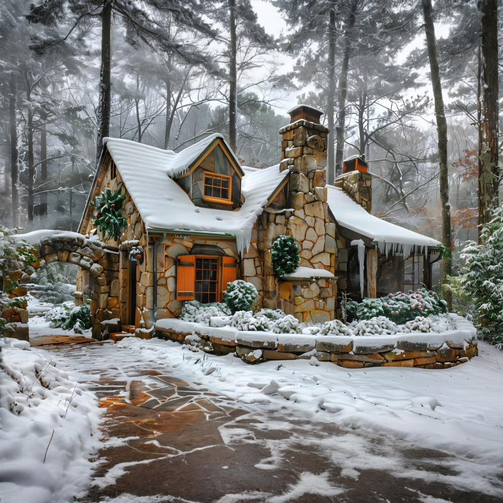 Christmas Snowy Stone Cottage Backdrop RR7-572