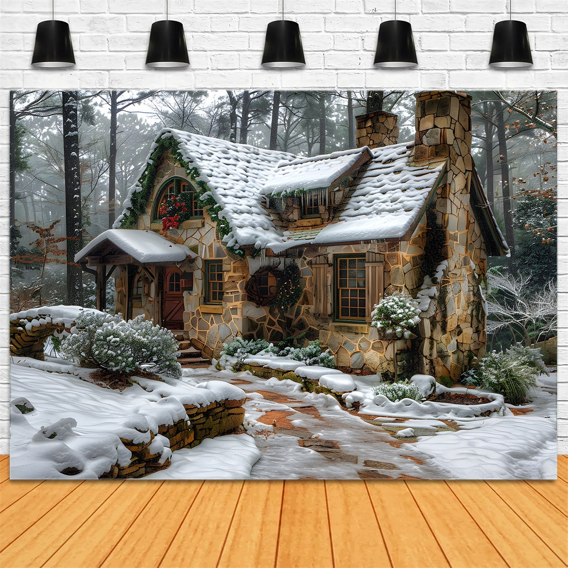 Christmas Rustic Stone Cottage Backdrop RR7-573