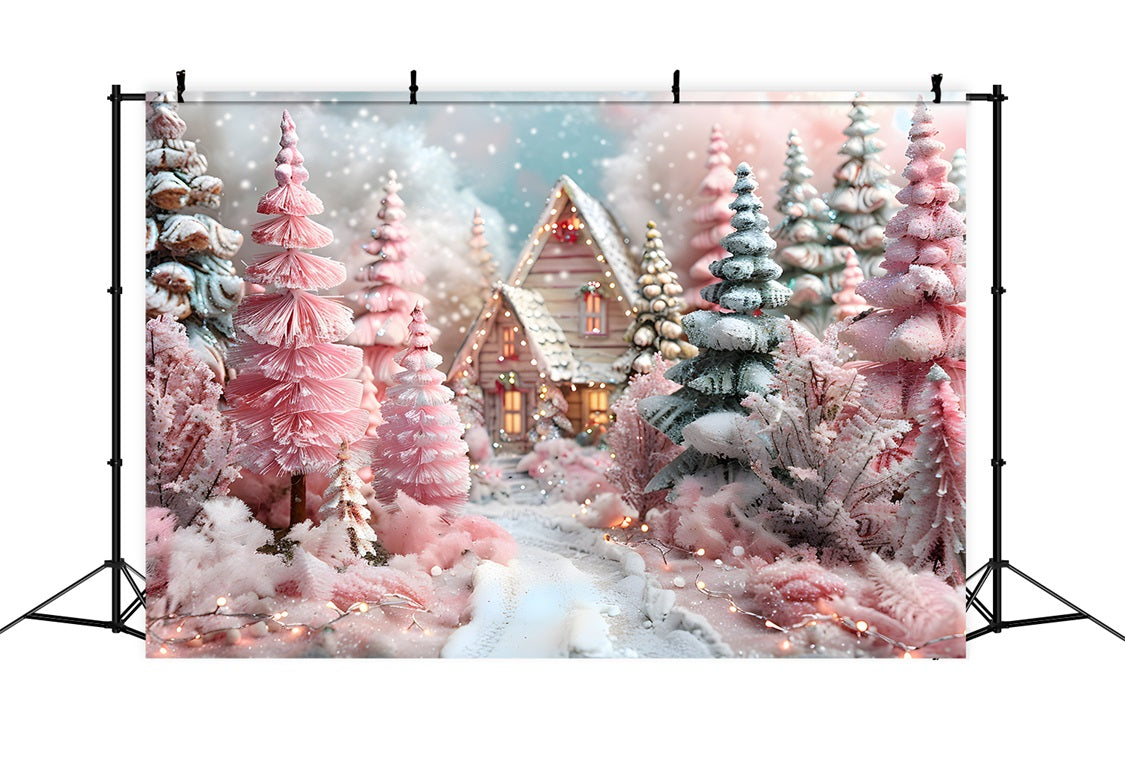 Christmas Forest Pink Fantasy Cottage Backdrop RR7-600