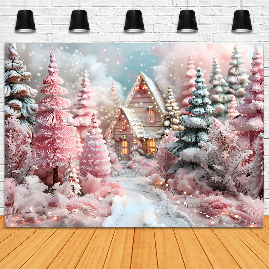 Christmas Forest Pink Fantasy Cottage Backdrop RR7-600