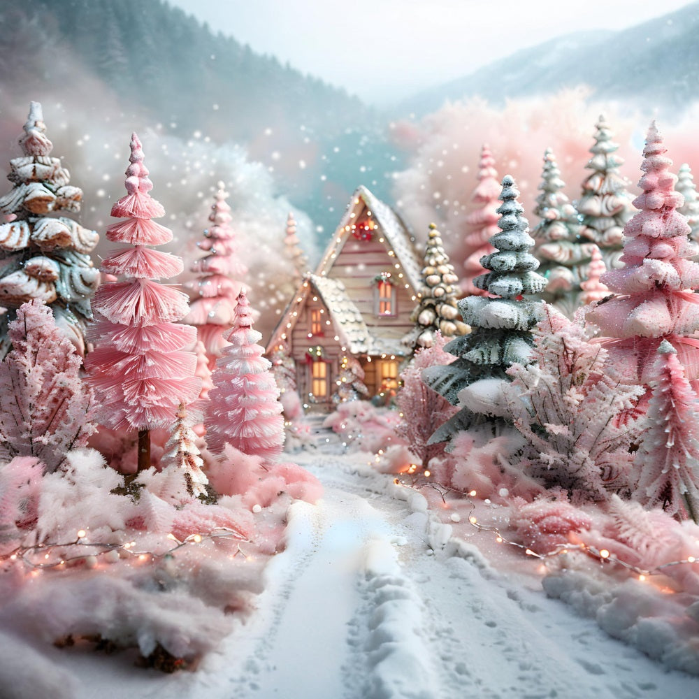 Christmas Forest Pink Fantasy Cottage Backdrop RR7-600