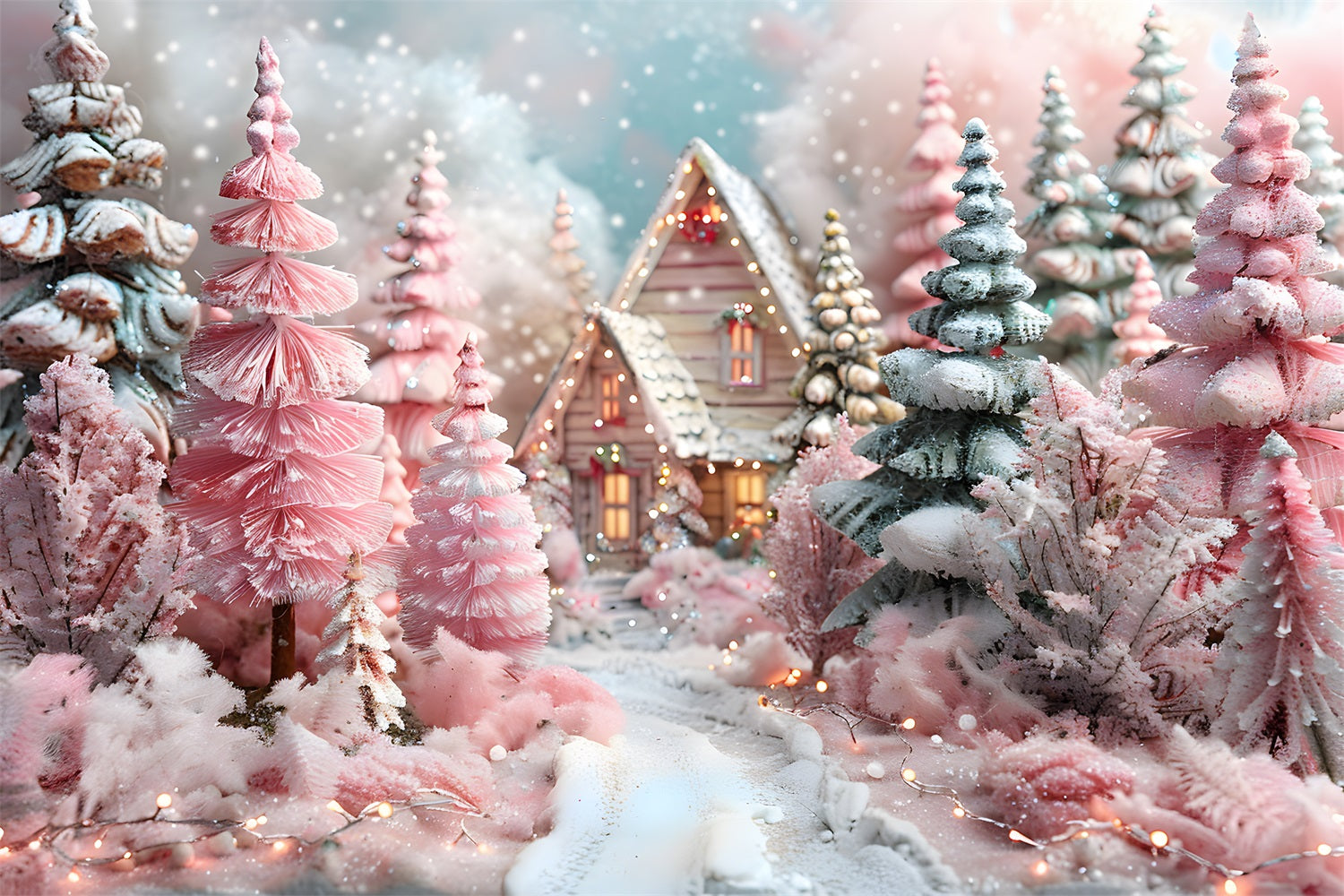 Christmas Forest Pink Fantasy Cottage Backdrop RR7-600