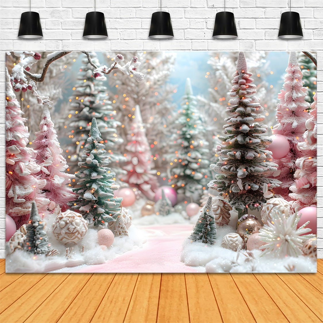 Christmas Pink Forest Decorated Trees Backdrop RR7-601