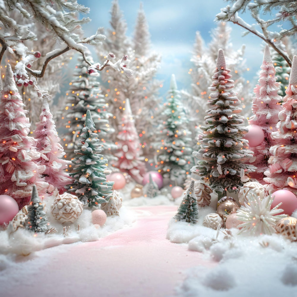 Christmas Pink Forest Decorated Trees Backdrop RR7-601