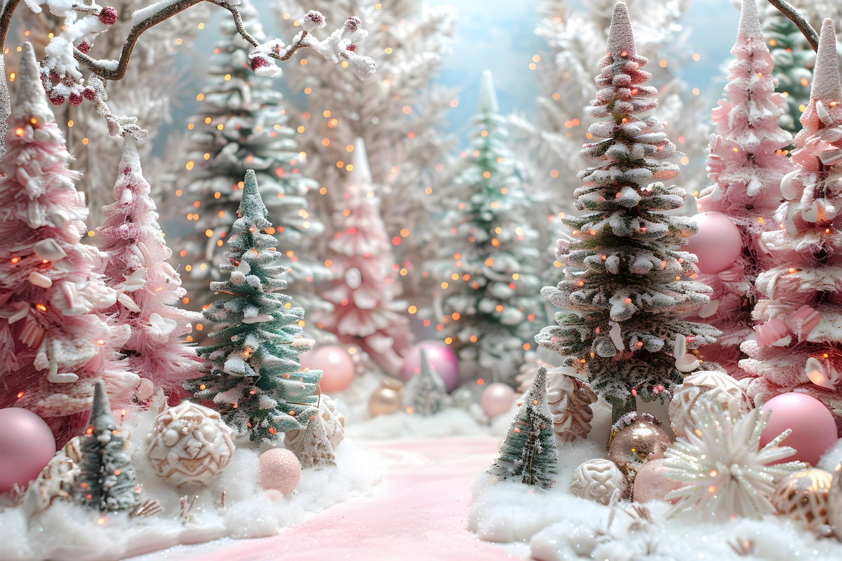 Christmas Pink Forest Decorated Trees Backdrop RR7-601