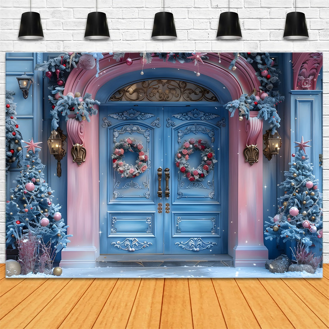 Christmas Pink Blue Enchanted Entrance Backdrop RR7-602