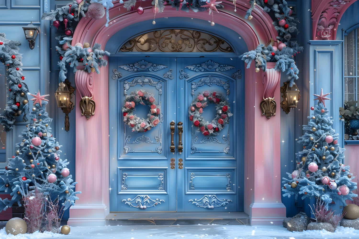 Christmas Pink Blue Enchanted Entrance Backdrop RR7-602