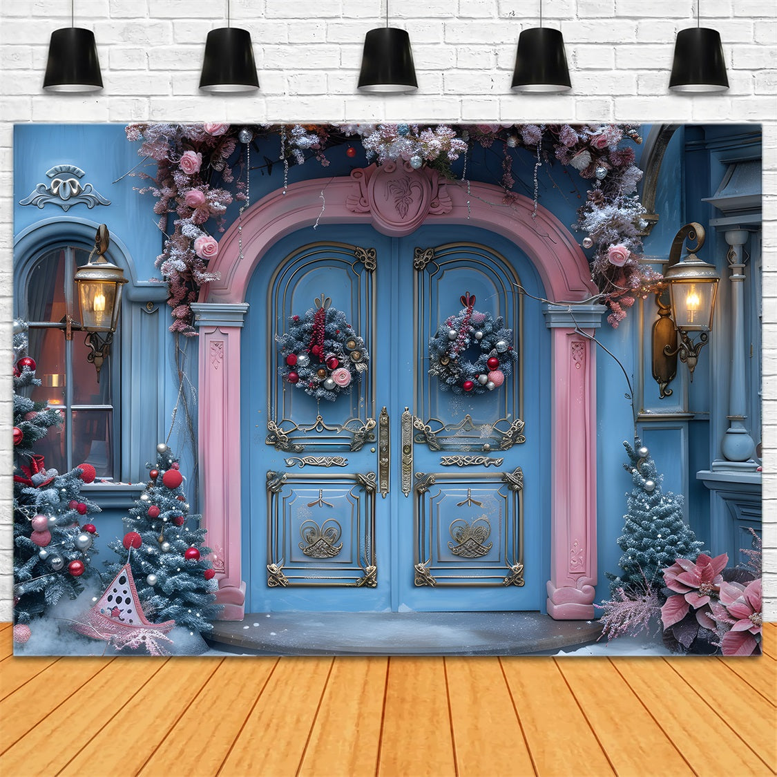 Christmas Blue Pink Festive Entrance Backdrop RR7-603