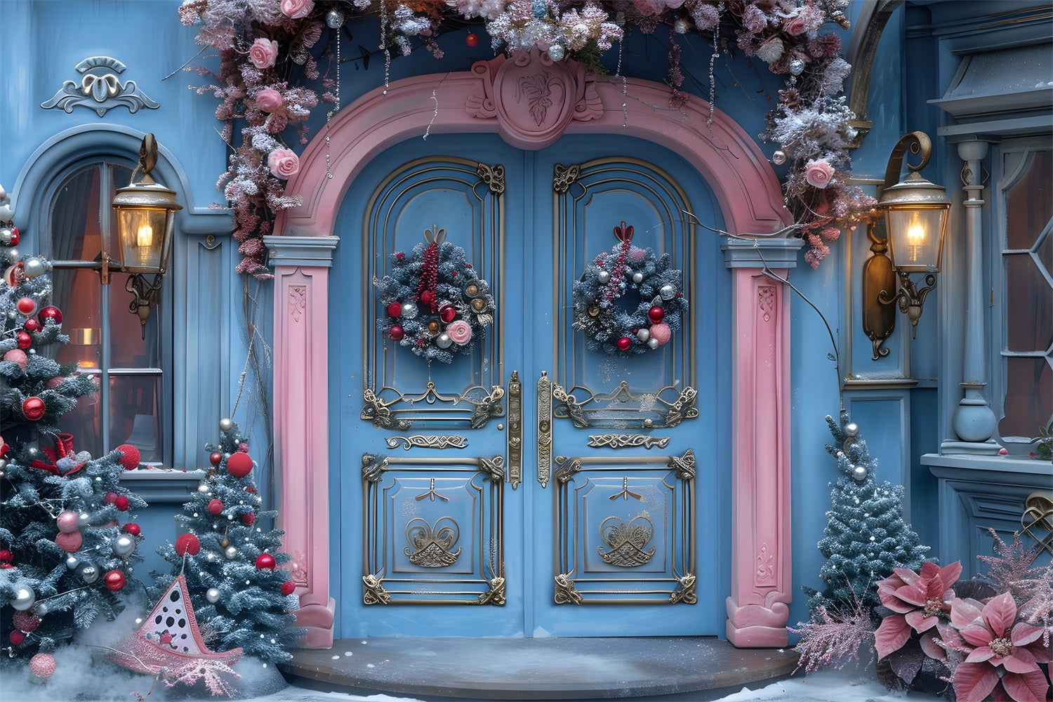 Christmas Blue Pink Festive Entrance Backdrop RR7-603