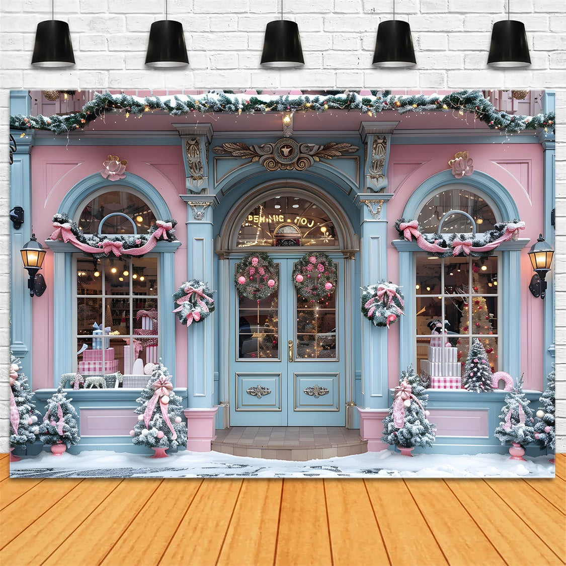 Christmas Pink Blue Festive Storefront Backdrop RR7-604