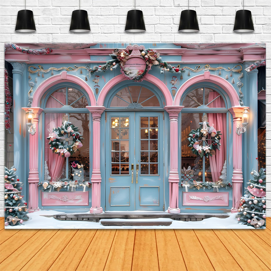 Christmas Pink Blue Boutique Storefront Backdrop RR7-605