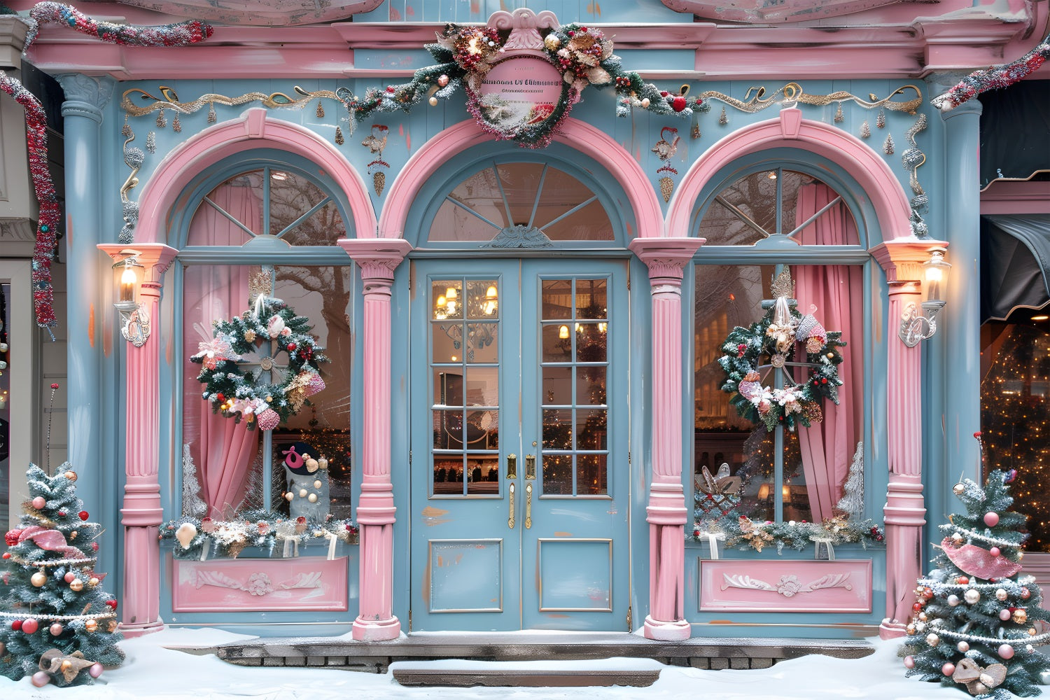 Christmas Pink Blue Boutique Storefront Backdrop RR7-605