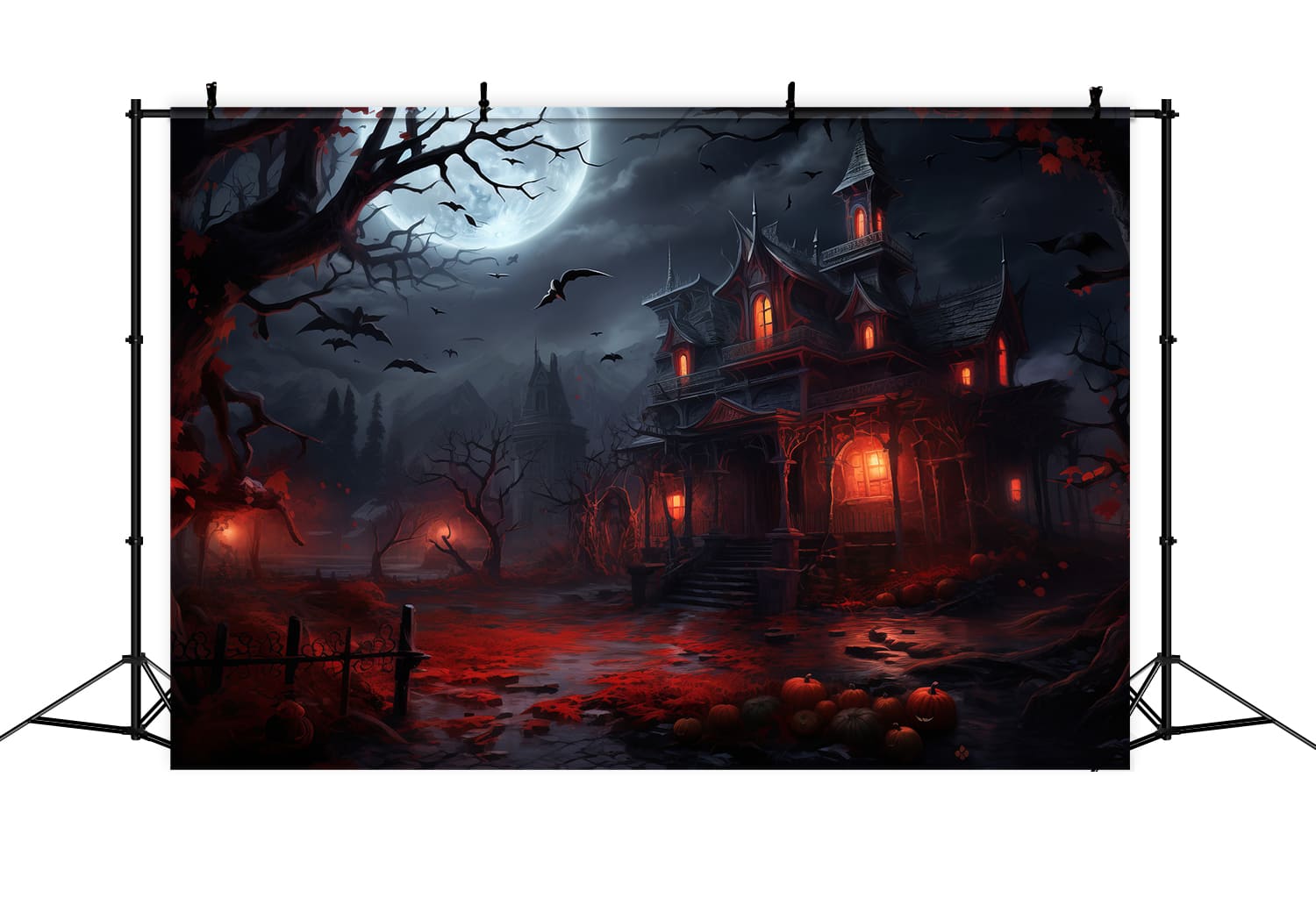 Spooky Halloween Forest Pumpkin Lanterns Backdrop RR7-81