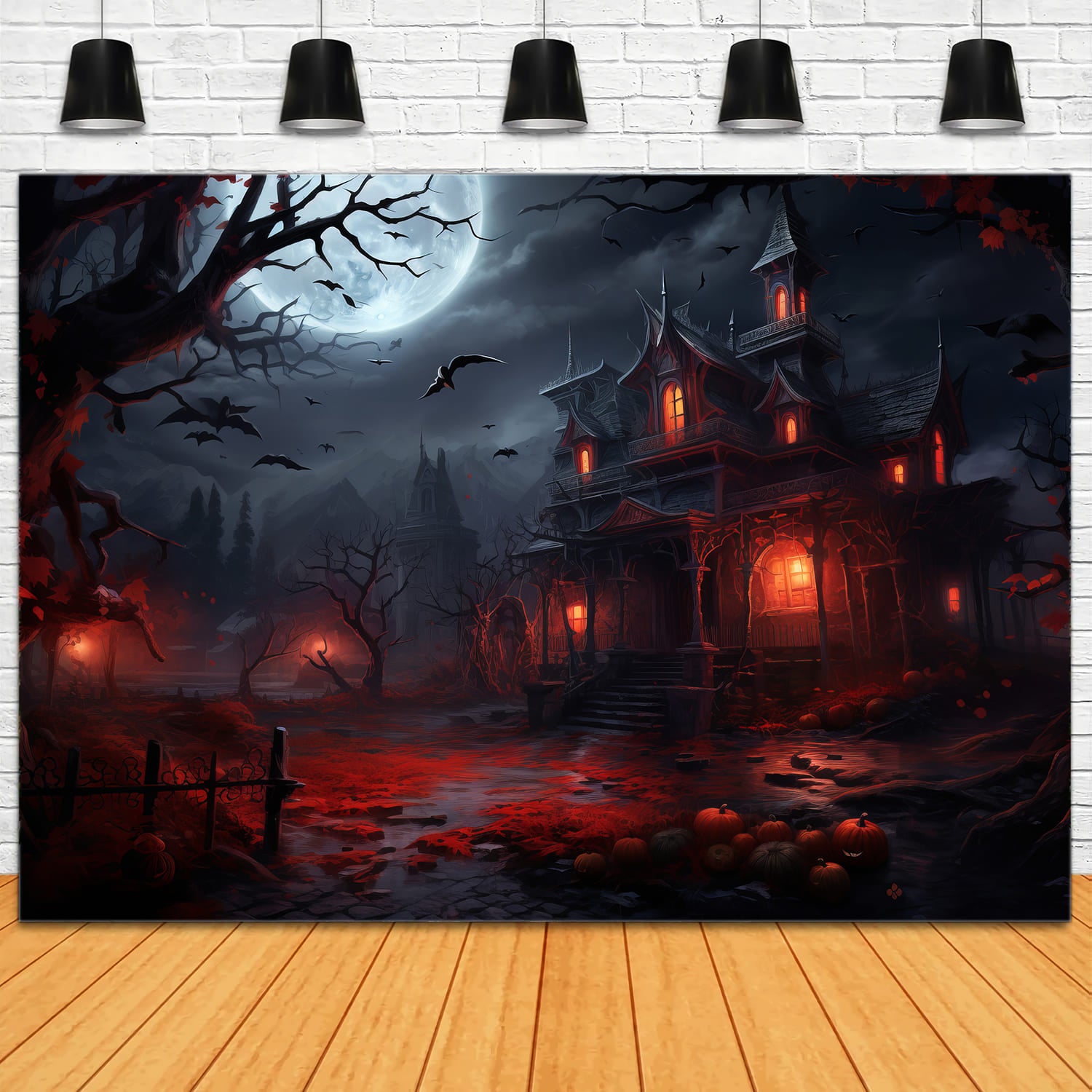 Spooky Halloween Forest Pumpkin Lanterns Backdrop RR7-81