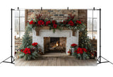 Christmas Fireplace Poinsettia Garland Backdrop RR7-624