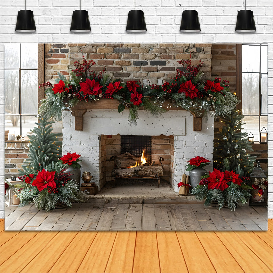 Christmas Fireplace Poinsettia Garland Backdrop RR7-624