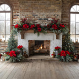 Christmas Fireplace Poinsettia Garland Backdrop RR7-624