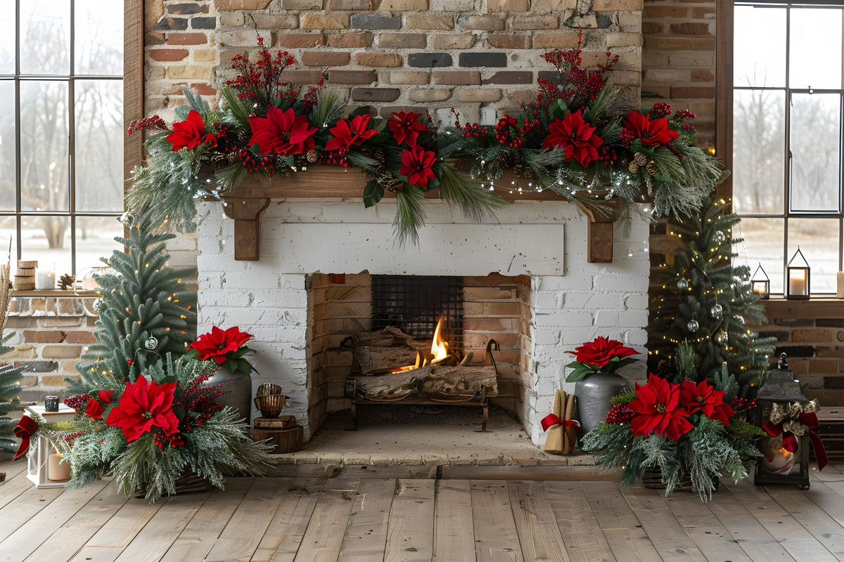 Christmas Fireplace Poinsettia Garland Backdrop RR7-624