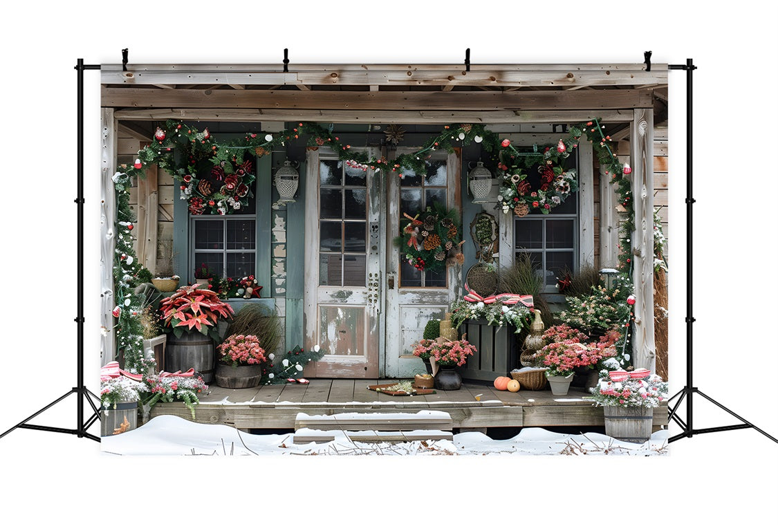 Christmas Rustic Porch with Poinsettias Backdrop RR7-625