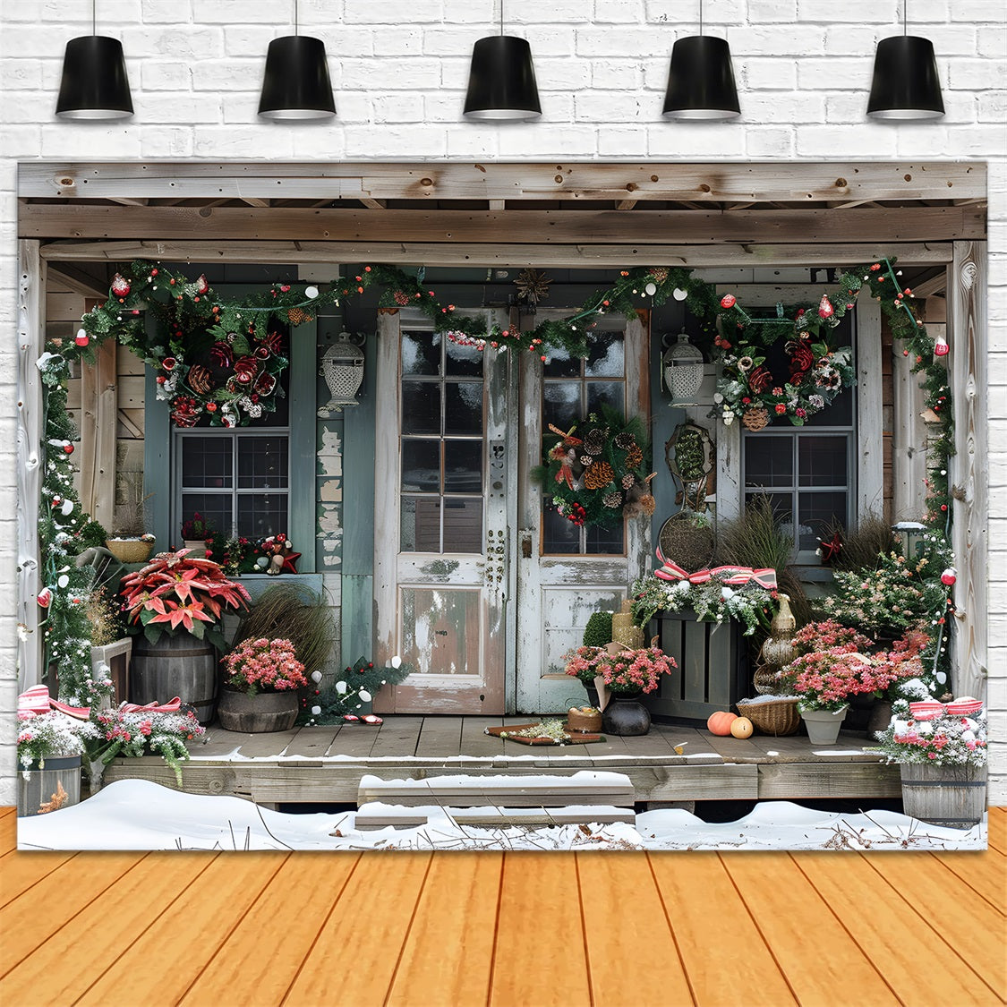 Christmas Rustic Porch with Poinsettias Backdrop RR7-625