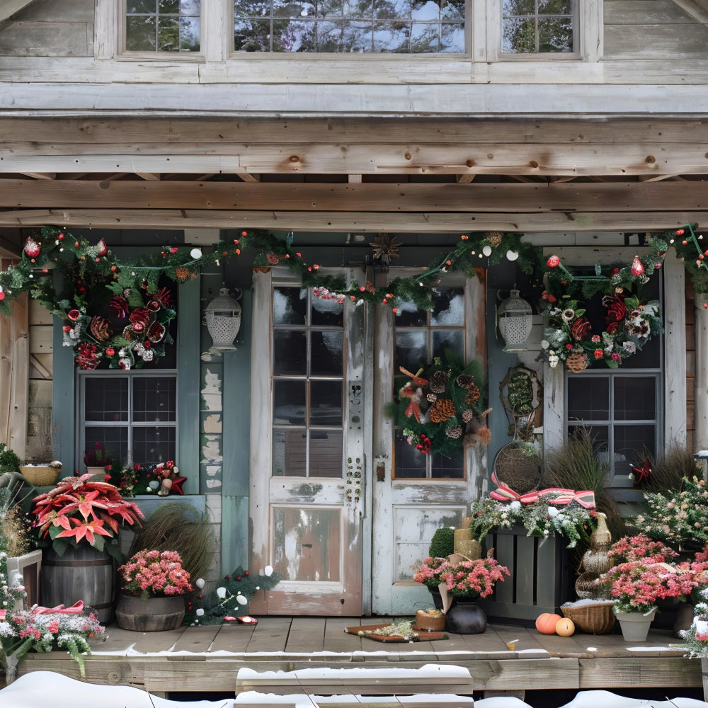 Christmas Rustic Porch with Poinsettias Backdrop RR7-625