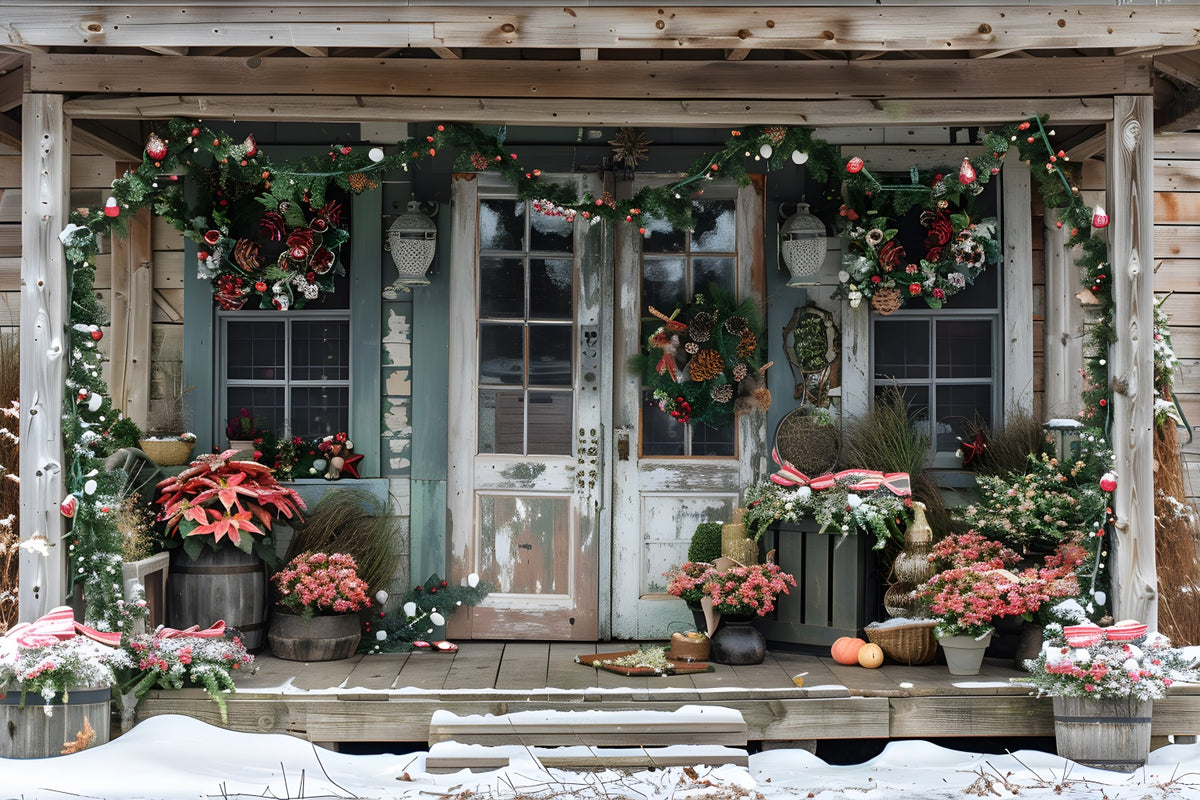 Christmas Rustic Porch with Poinsettias Backdrop RR7-625