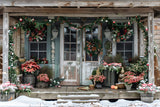 Christmas Rustic Porch with Poinsettias Backdrop RR7-625