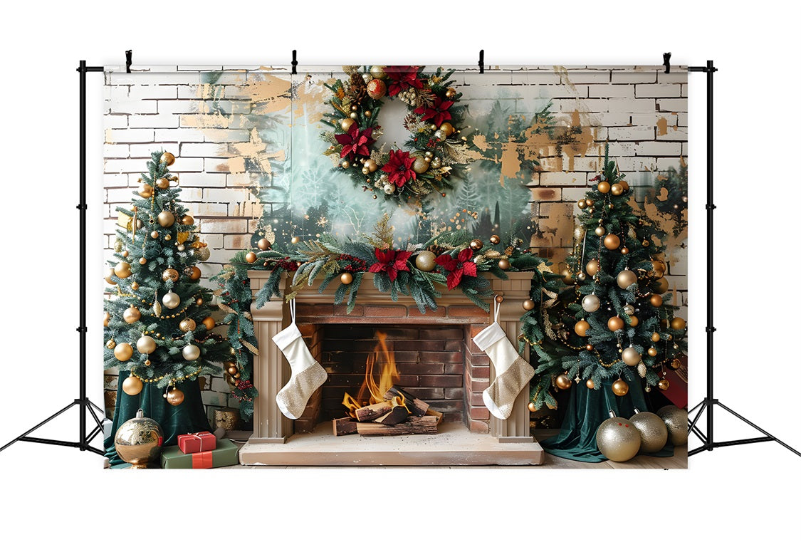 Christmas Elegant Fireplace Gold Ornaments Backdrop RR7-626