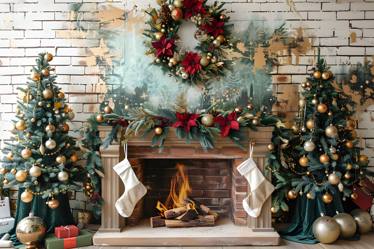 Christmas Elegant Fireplace Gold Ornaments Backdrop RR7-626