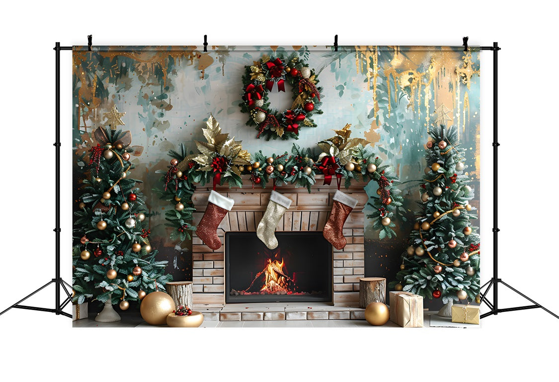 Christmas Fireplace Red Gold Decorations Backdrop RR7-627