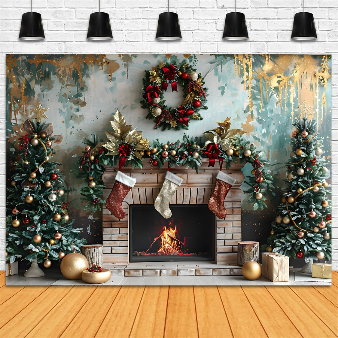 Christmas Fireplace Red Gold Decorations Backdrop RR7-627