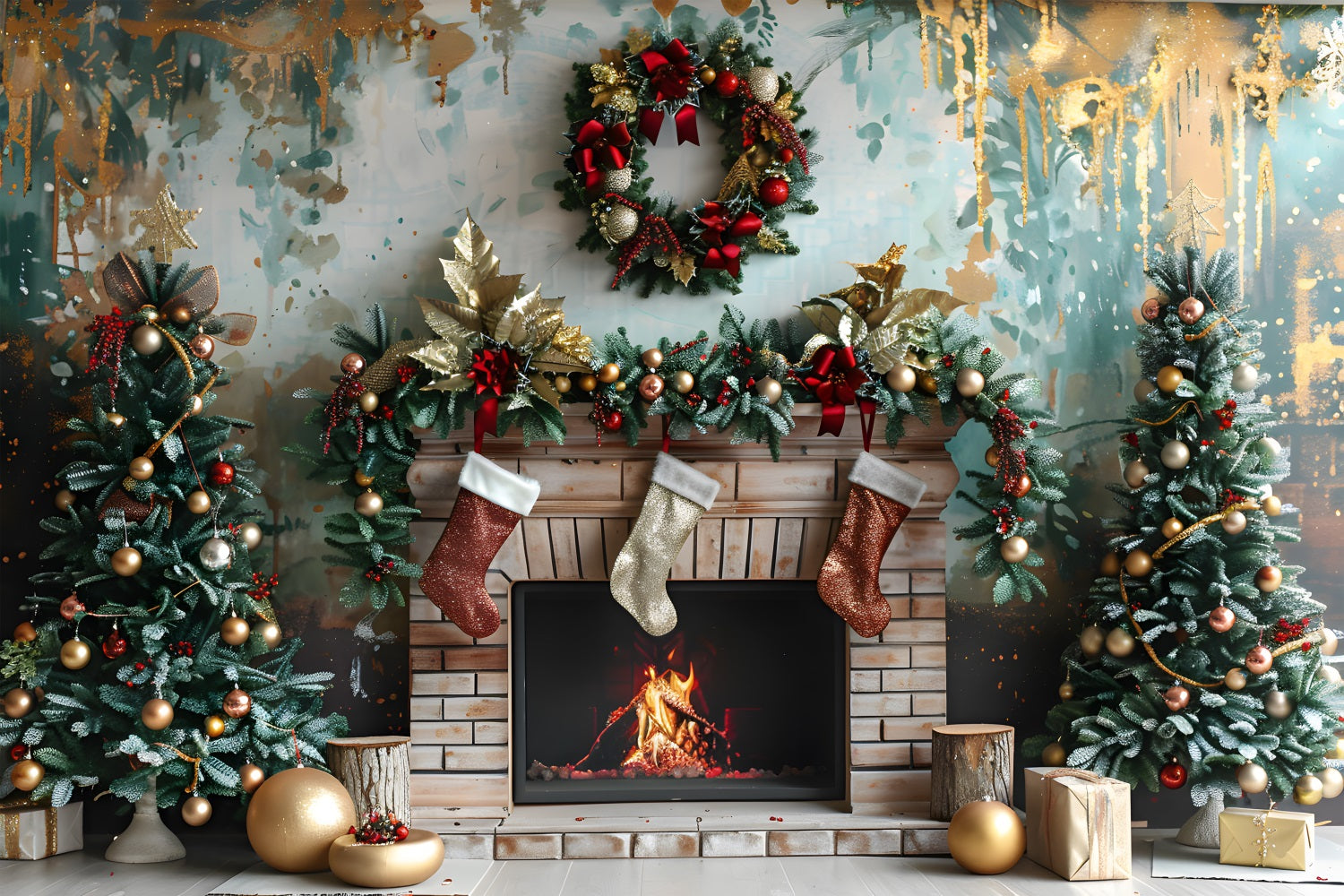 Christmas Fireplace Red Gold Decorations Backdrop RR7-627